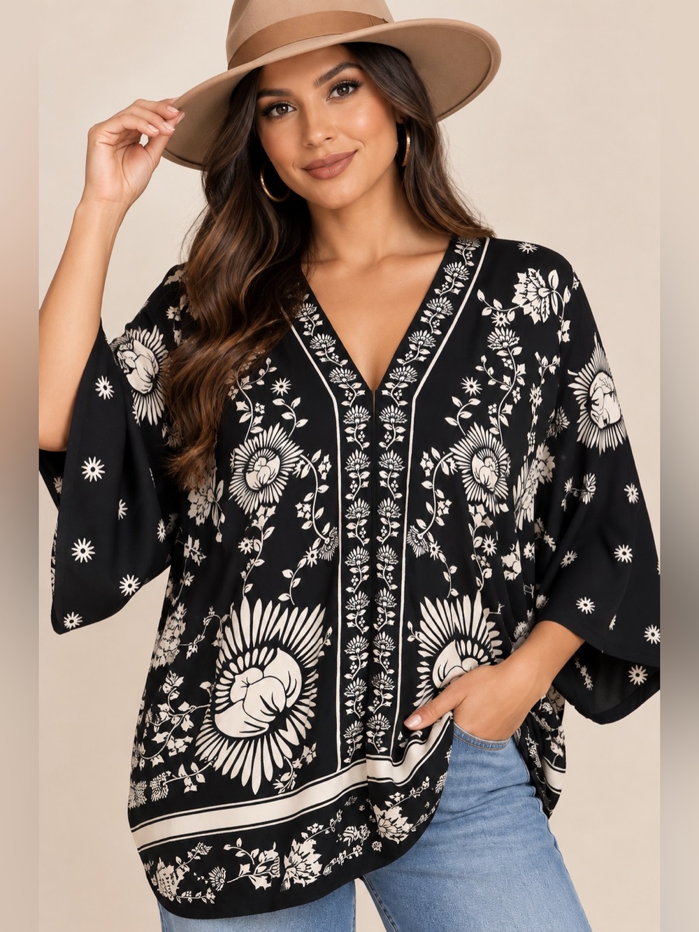 Rose & Olive Black and Cream Floral V-Neck Boho Blouse